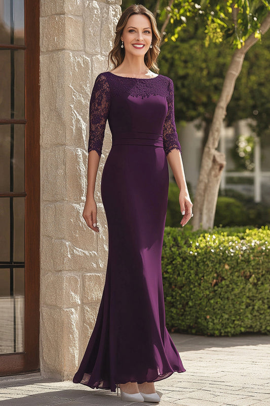 Dark Purple Mermaid Lace Chiffon Mother of the Bride Dress with 3/4 Sleeves
