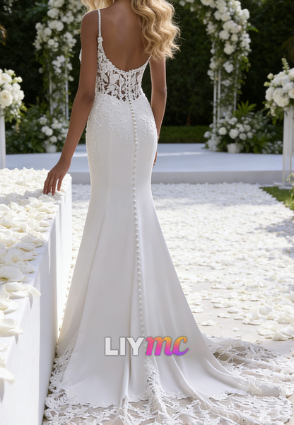 V-Neck Spaghetti Straps Appliques Mermaid Wedding Dress