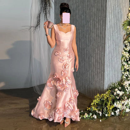 Sweetheart Straps Floral Embellished Satin Mermaid Evening Dress