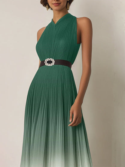Evening Dress Green-White Ombre Pleated Chiffon Belt Ankle Length Dress