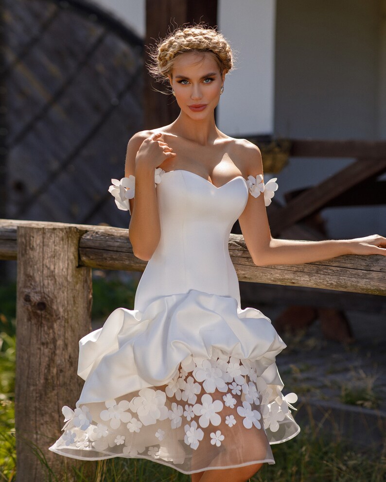Handmade Flower decorated Off the shoulder sleeveless Lace up back Midi ruffled skirt Floral wedding dress