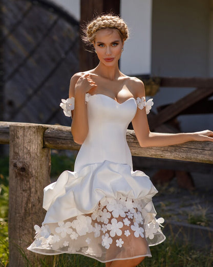 Handmade Flower decorated Off the shoulder sleeveless Lace up back Midi ruffled skirt Floral wedding dress
