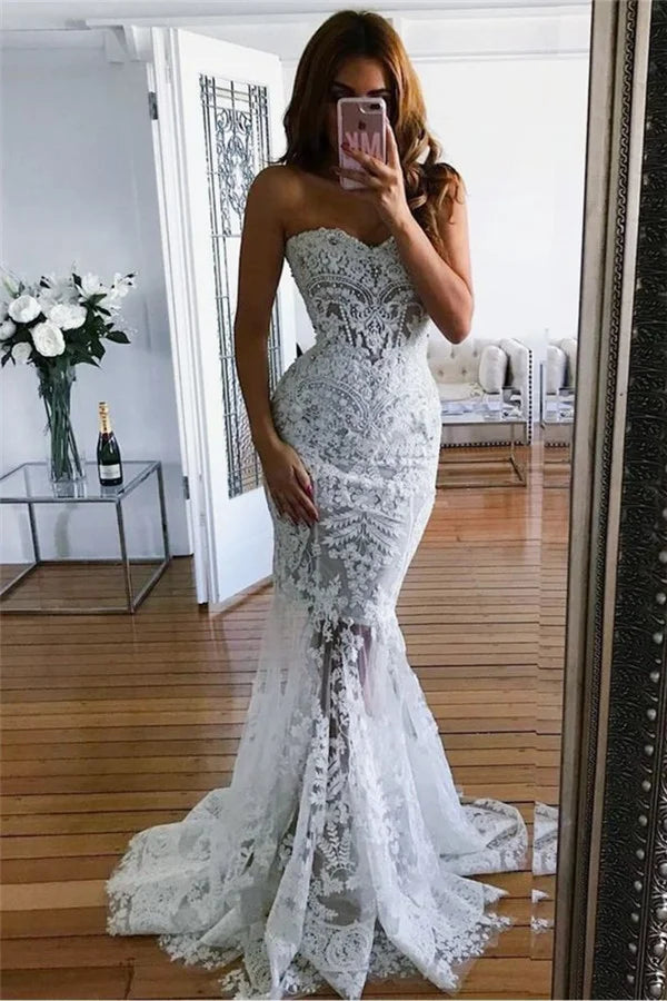 Modest Long Mermaid Sweetheart Wedding Dresses With Lace Appliques