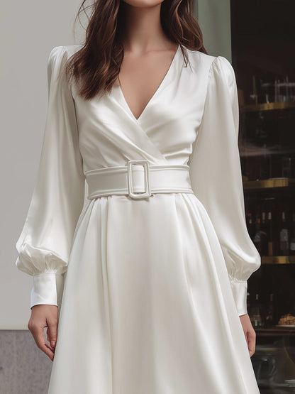 Ivory Satin Belted Midi Dress With Ruffled Hem