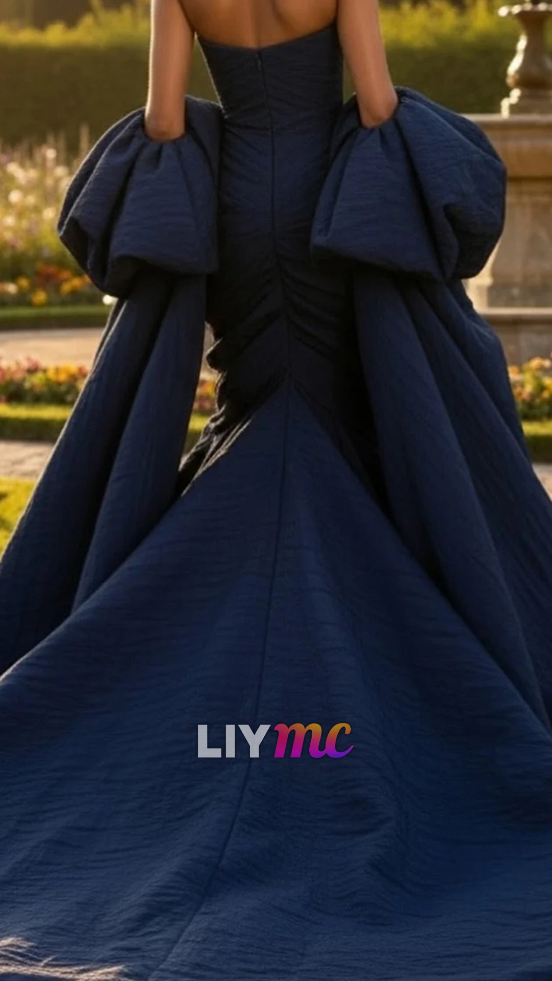 Graceful Dark Navy Straight Across Strapless Pleated Mermaid Prom Dress