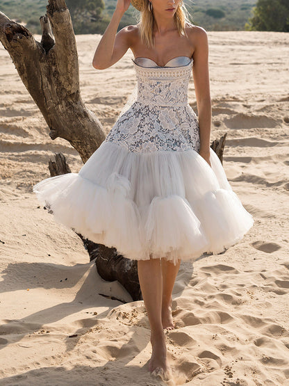Elegant Bandeau Embroidered Backless See-Through A-Line Wedding Mini Dress