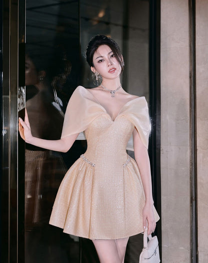 V-Neck Sleeves Pleated A-Line Short Homecoming Dress