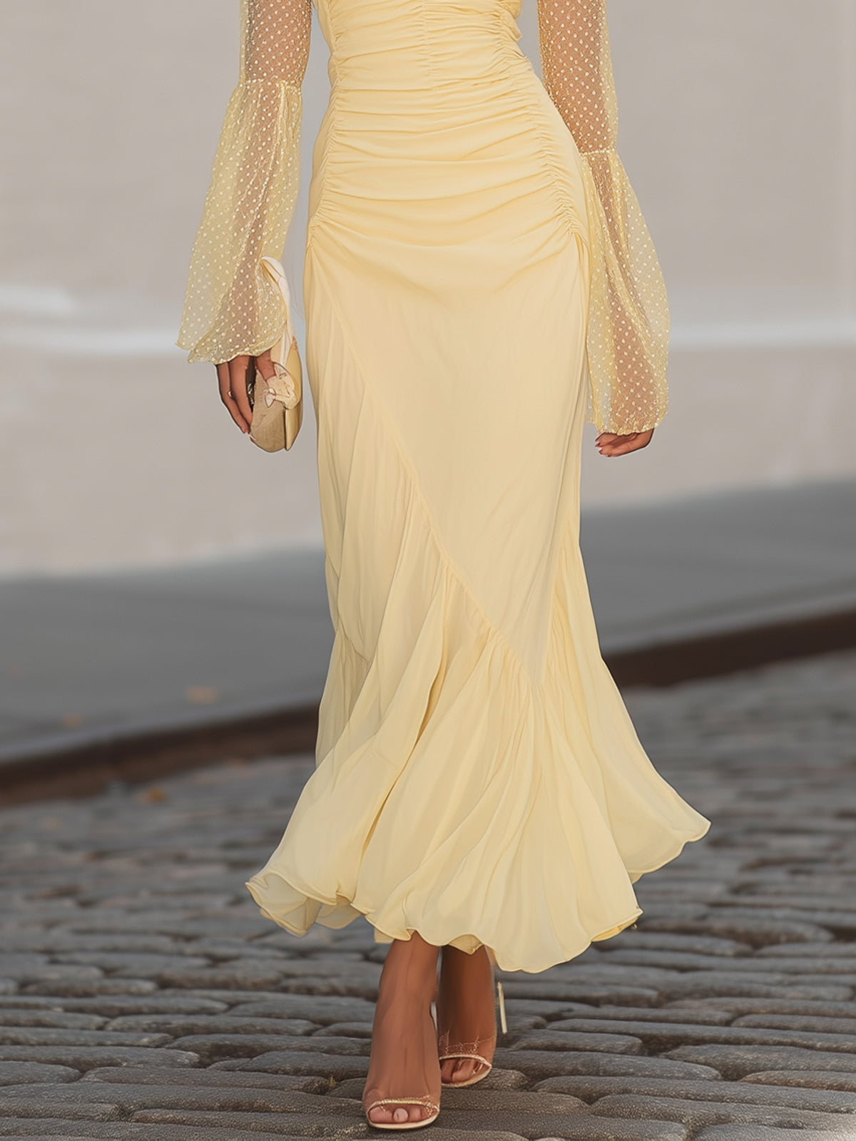 Pale Yellow Polka Dot Mesh Long-sleeved Ruched Fishtail Maxi Dress