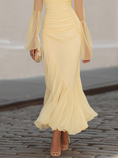 Pale Yellow Polka Dot Mesh Long-sleeved Ruched Fishtail Maxi Dress