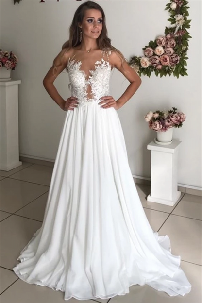 Chiffon Elegant Long Sleeveless Beach Wedding Dress With Appliques