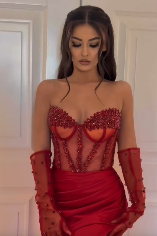 Red Beaded Sweetheart Gorgeous Prom Dress With Gloves INS0012