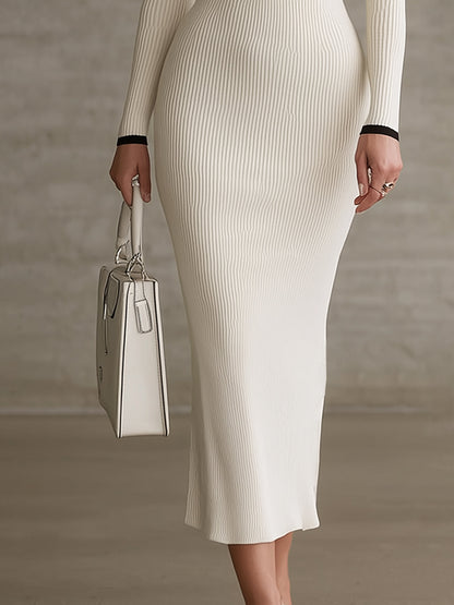 White Ribbed Knit Bodycon Midi Dress With Black Lace Trim
