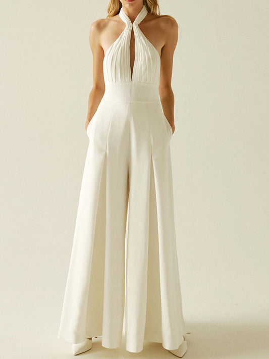 Halter-Neck Hollow Loose Empire Backless Wide Leg White Jumpsuits