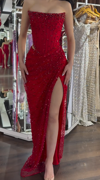 Luxurious Red Straight Across Sleeveless Rhinestone Split Prom Dress