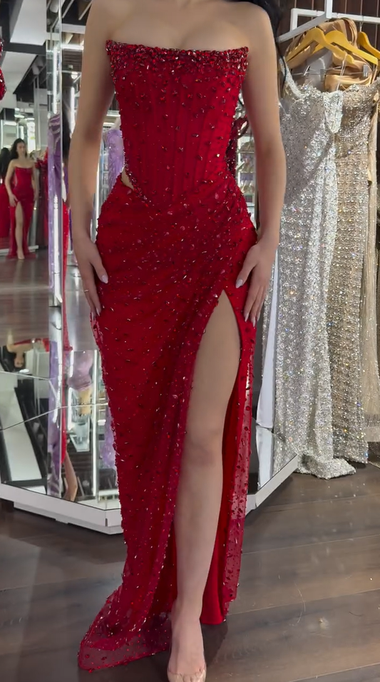 Luxurious Red Straight Across Sleeveless Rhinestone Split Prom Dress