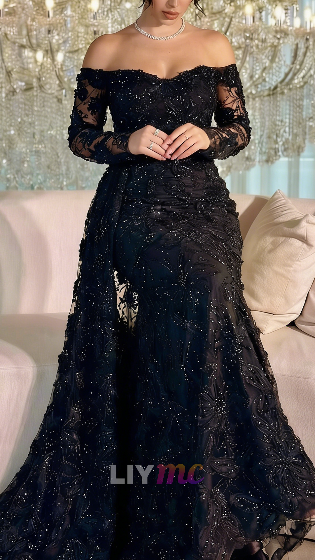 Off-Shoulder Floral Appliques Mermaid Evening Dress