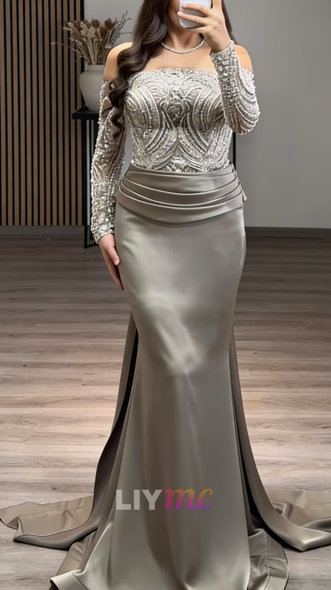 Off-Shoulder Long Sleeves Beaded Embroidery Mermaid Evening Dress