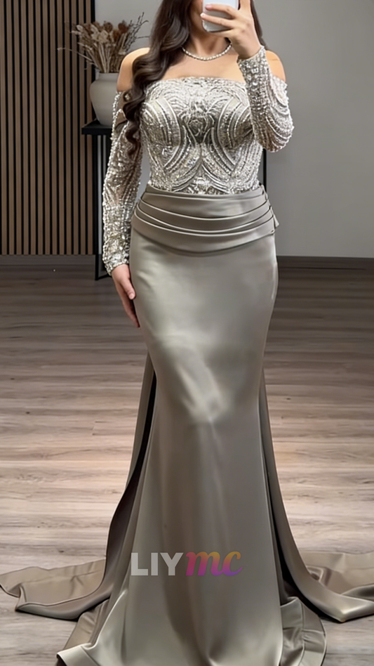 Off-Shoulder Long Sleeves Beaded Embroidery Mermaid Evening Dress