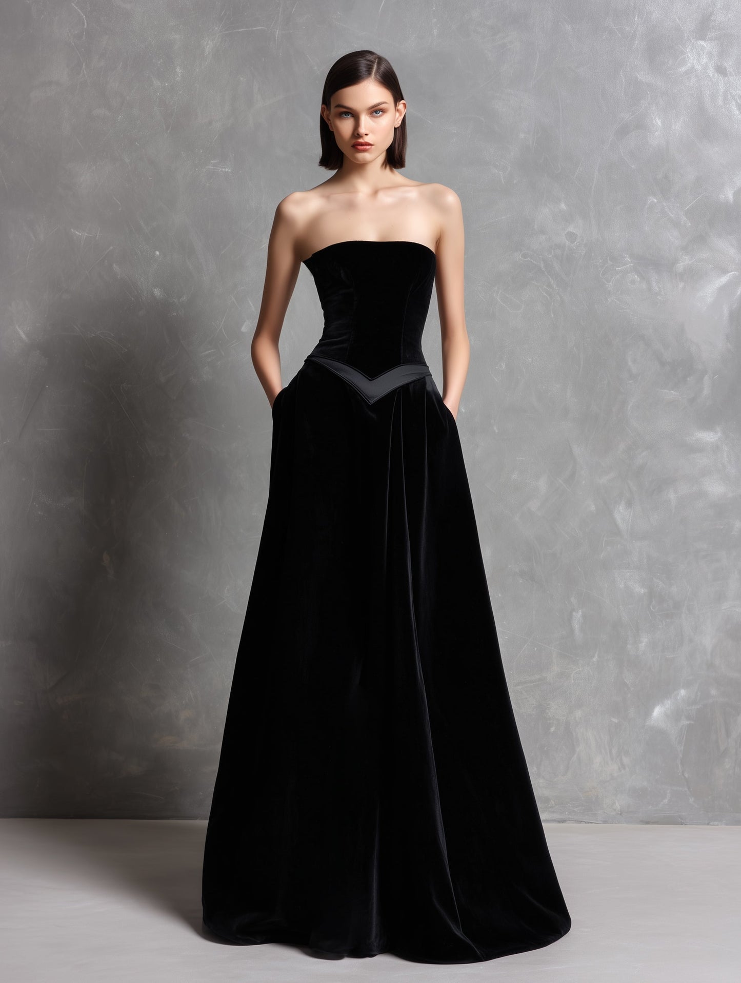 Women's Elegant Black Velvet Strapless Long Evening Dress