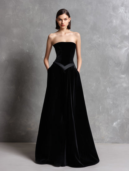 Women's Elegant Black Velvet Strapless Long Evening Dress