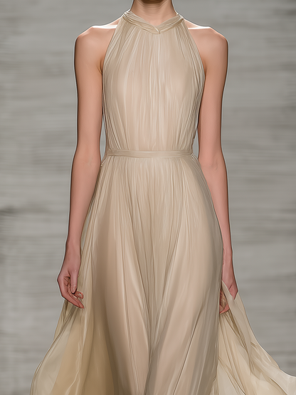Women's Elegant Apricot-colored Round-neck Sleeveless Chiffon And Organza Long Dress