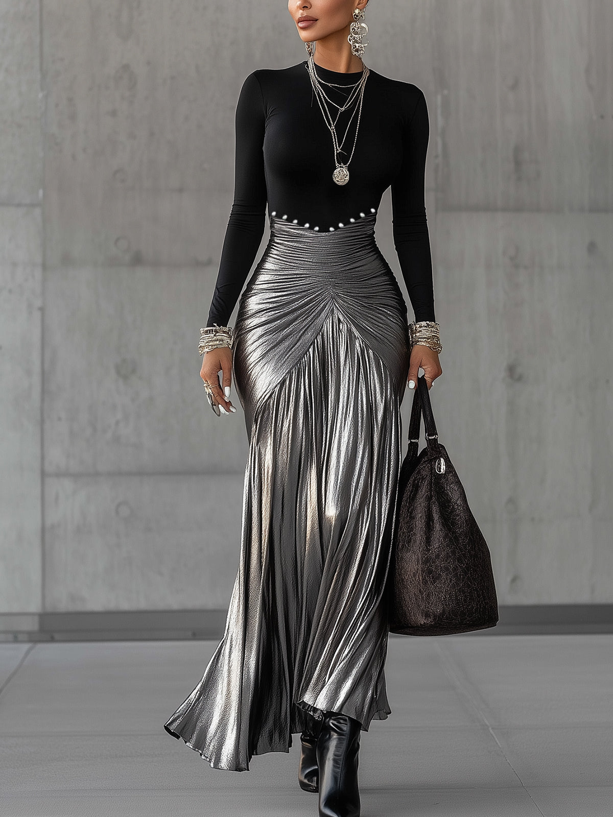 Black Round Neck Metallic Silver Pleated Maxi Dress