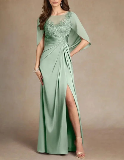Elegant Eucalyptus Green Cape Sleeve Evening Dress with Lace Details
