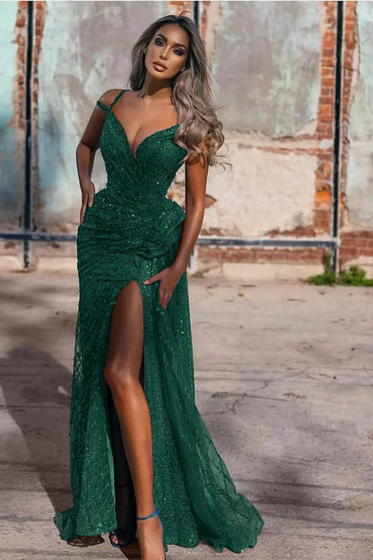 Off-The-Shoulder Sequins Evening Dress Split Mermaid
