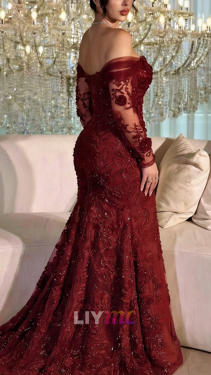 Off-Shoulder Floral Appliques Mermaid Evening Dress