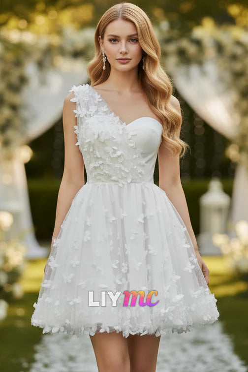 One Shoulder Floral Appliques Short A-Line Wedding Dress