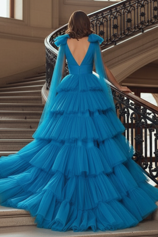 V-Neck Straps Tulle  Side Slit A-Line Prom Dress