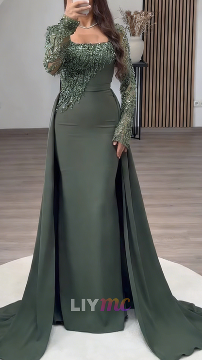 Square Long Sleeves Beaded Mermaid Evening Dress