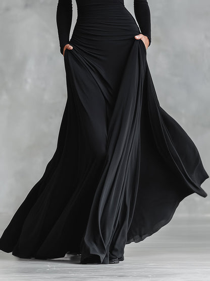Women's Black Modern Crepe Ruched Boat - Neck Maxi Dress