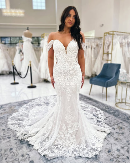 Off Shoulder Tulle Lace Appliqued Mermaid Boho Wedding Dresses for Bride