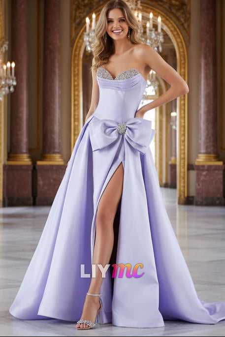 Sweetheart Bow Satin Beaded A-Line Prom Dress