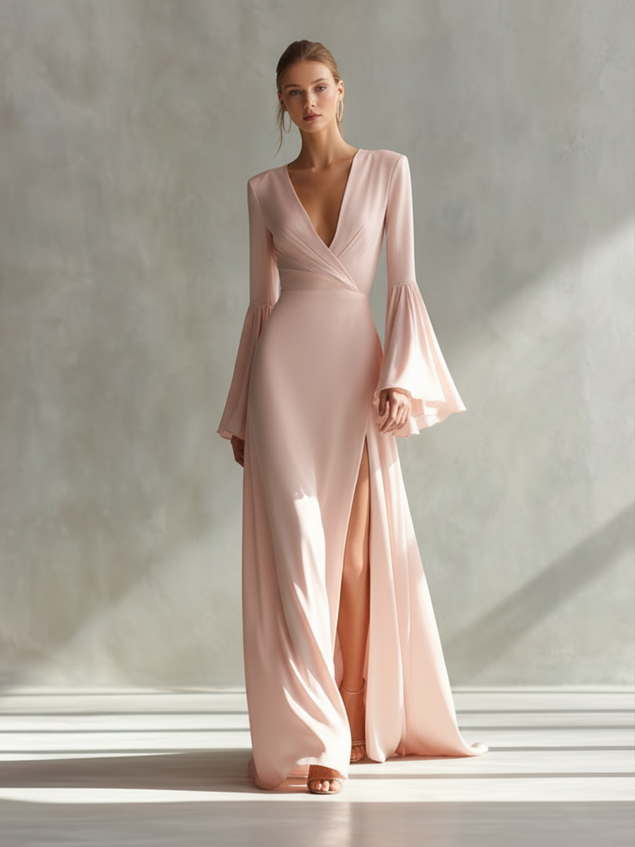 Women's Blush Pink Satin Deep V-Neck Flared Sleeve Gown