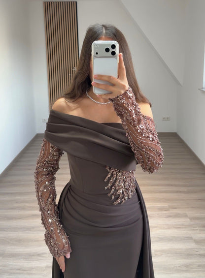 Asymmetrical Long Sleeves Sequins Mermaid Formal Dress