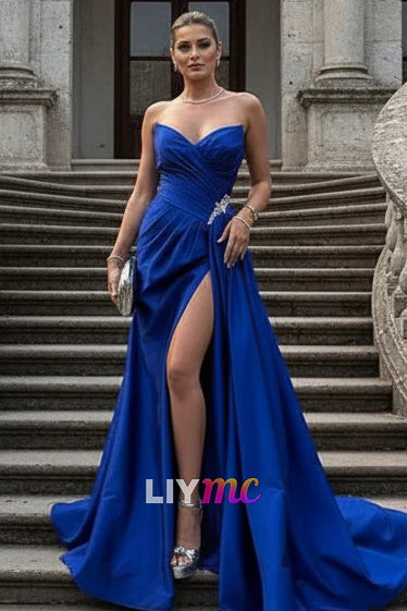 Classic A Line Sweetheart Royal Blue Long Prom Dress with Split Front
