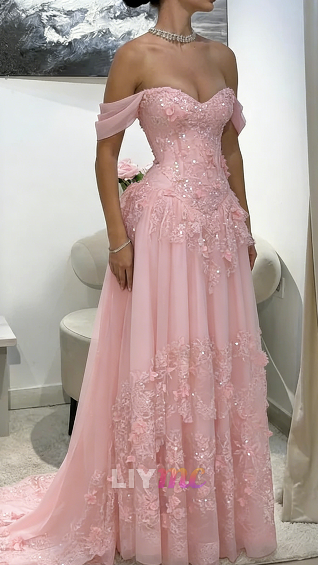 Off-Shoulder Appliques Tulle A-Line Corset Prom Dress