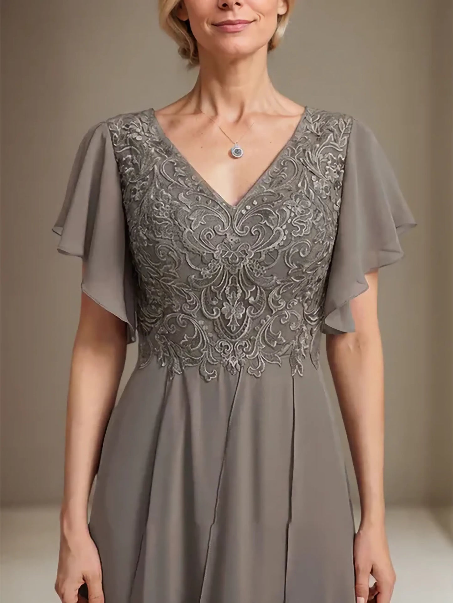 A-line V-Neck Ankle-Length Lace Chiffon Mother of the Bride Dress With Cascading Ruffles