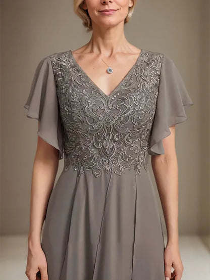 A-line V-Neck Ankle-Length Lace Chiffon Mother of the Bride Dress With Cascading Ruffles