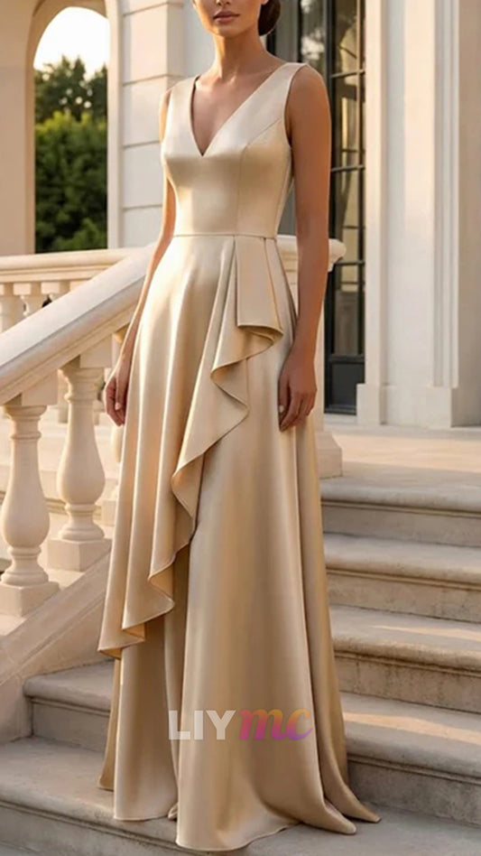 Champagne V Neck Evening Dress with Ruffle A Line Maxi Dress