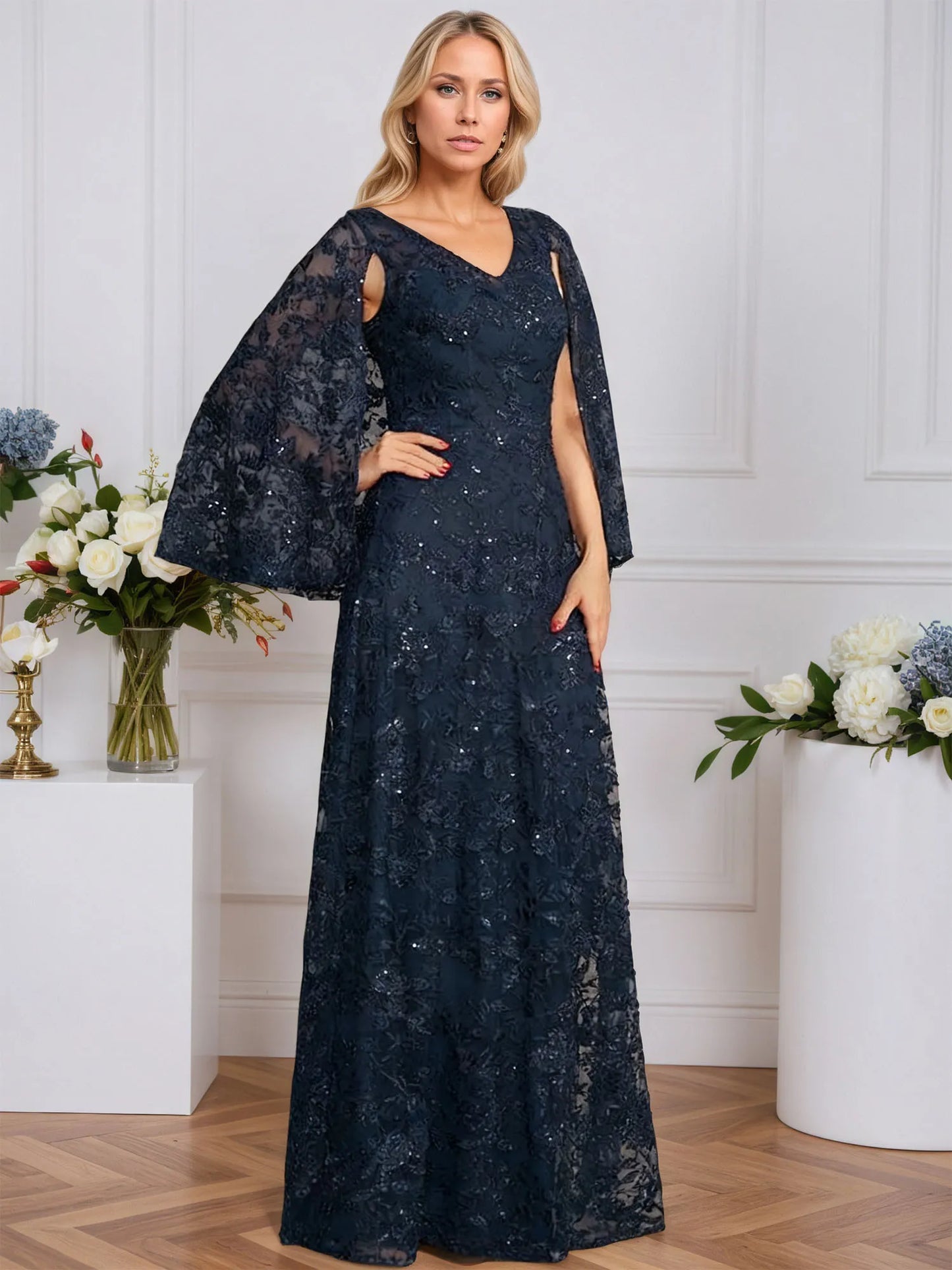 A-line V-Neck Floor-Length Lace Mother of the Bride Dress With Sequins