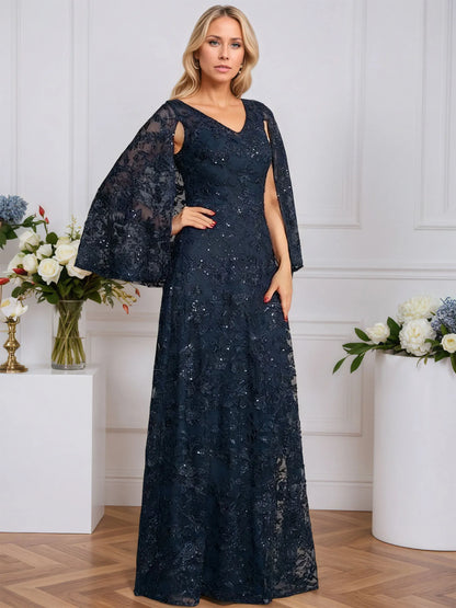 A-line V-Neck Floor-Length Lace Mother of the Bride Dress With Sequins