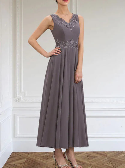 A-line V-Neck Ankle-Length Chiffon Mother of the Bride Dress With Sequins Appliques Lace Beading