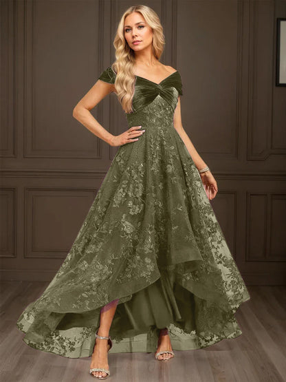 A-line Off the Shoulder Asymmetrical Velvet Lace Evening Dress With Pleated Sequins