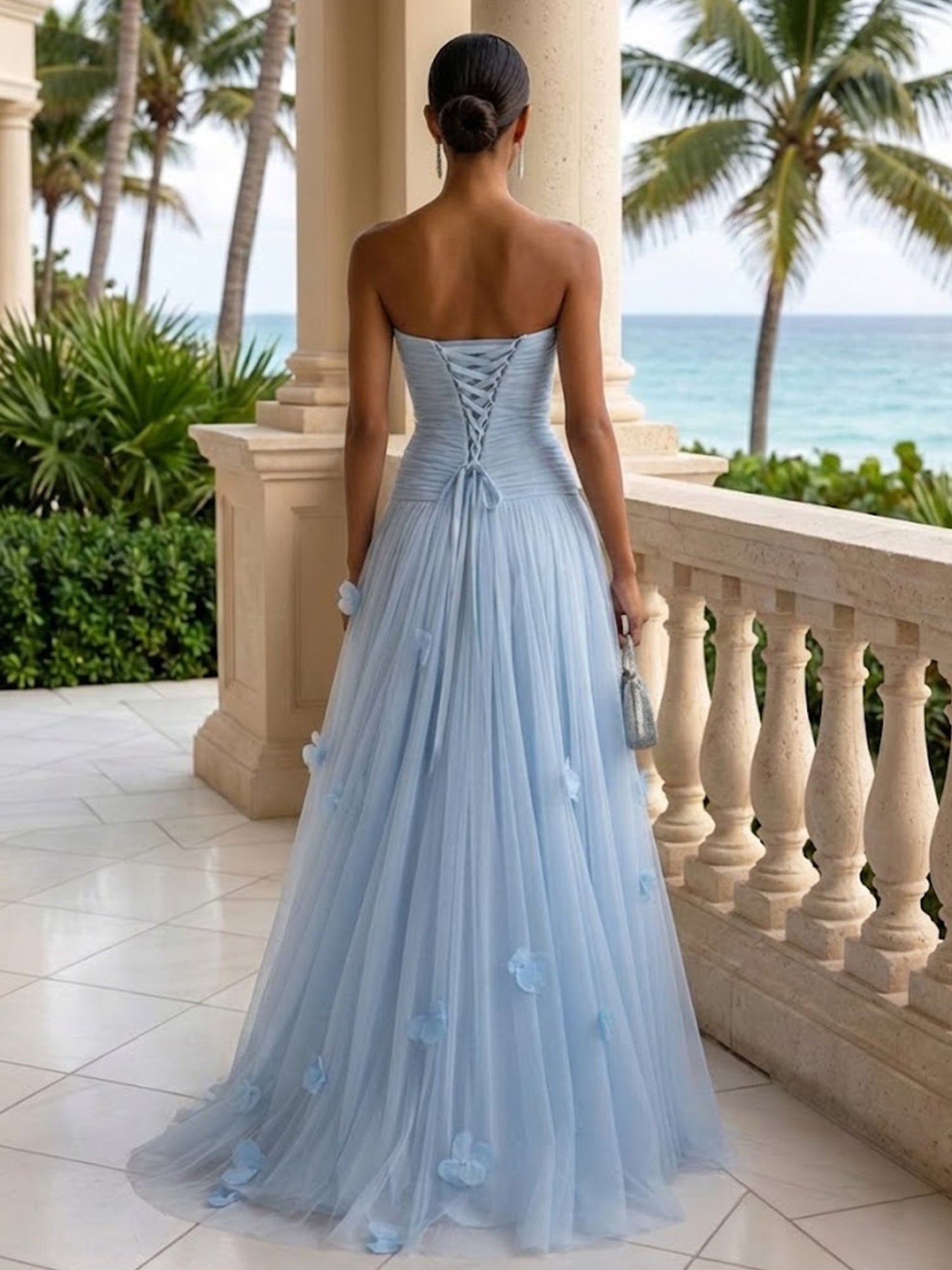 Light Blue Evening Dress with 3D Flower Strapless Pleat Maxi Dress