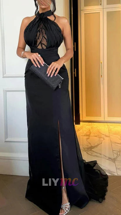 Glamorous Black Satin Halter Sleeveless Pleated Prom Dress with Split