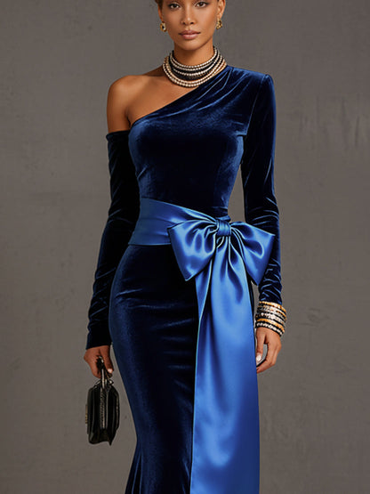 Blue Luxurious Velvet One Shoulder Maxi Dress With A Satin Bow