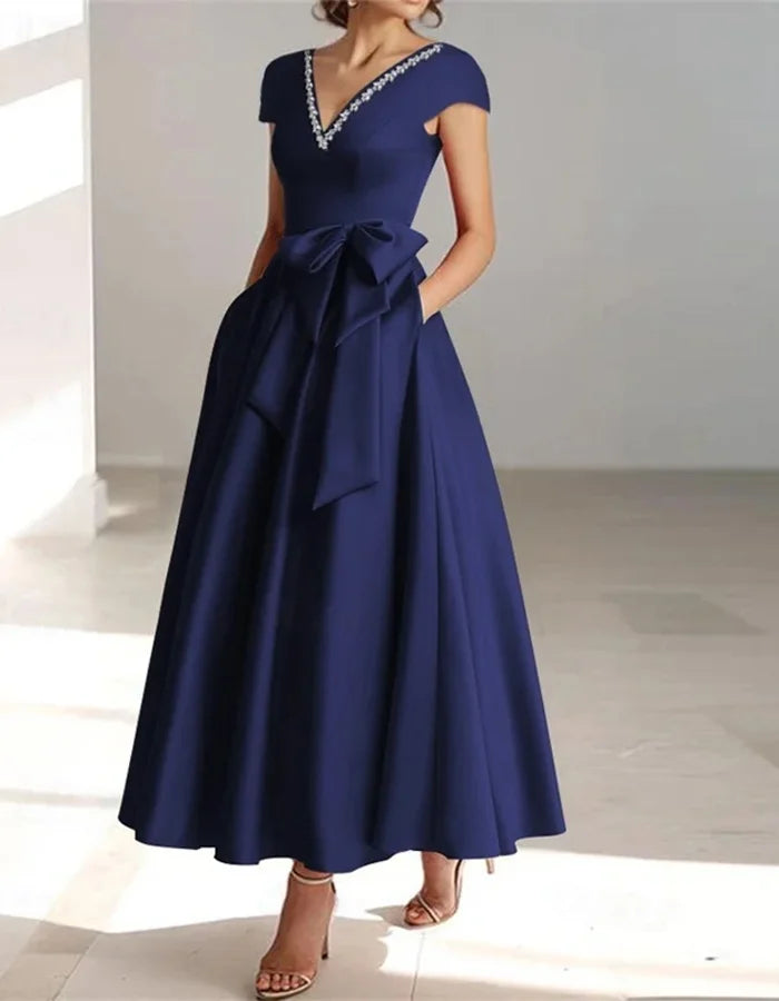 V-neck Solid Color Short Sleeves With Big Bow Midi Dress